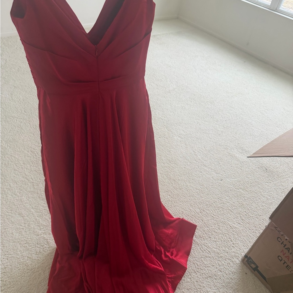La Femme Red V-Neck Maxi Evening Gown